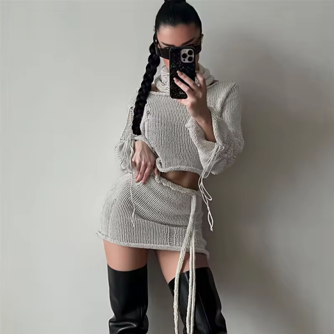Women Knitted Long Sleeve Top Skirt Set Club Night Out