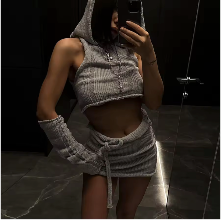 Sexy Knitted Hooded Three Piece Set with Sleeves Night Out