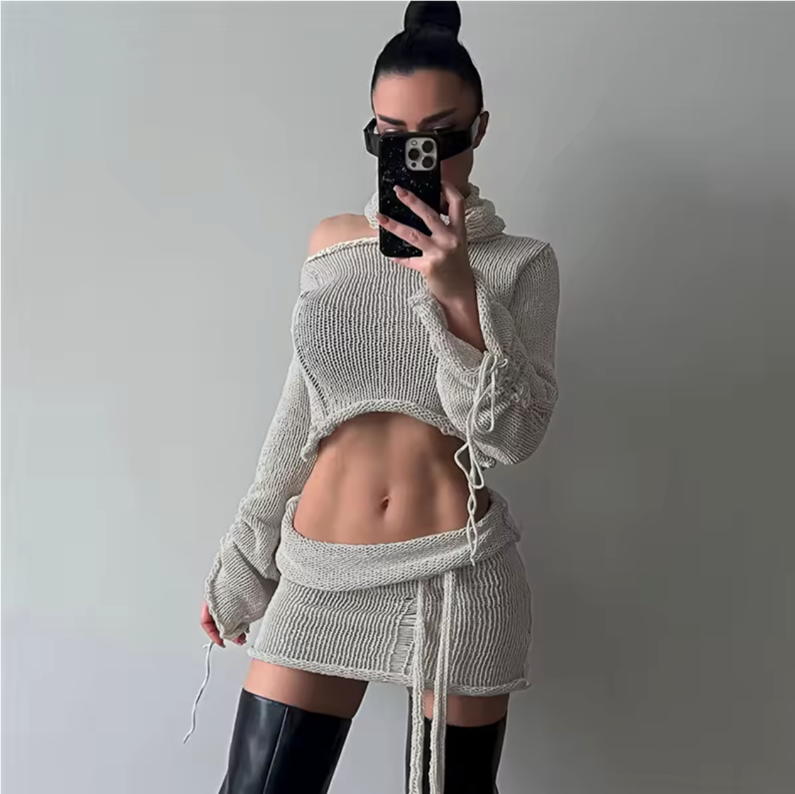 Women Knitted Long Sleeve Top Skirt Set Club Night Out