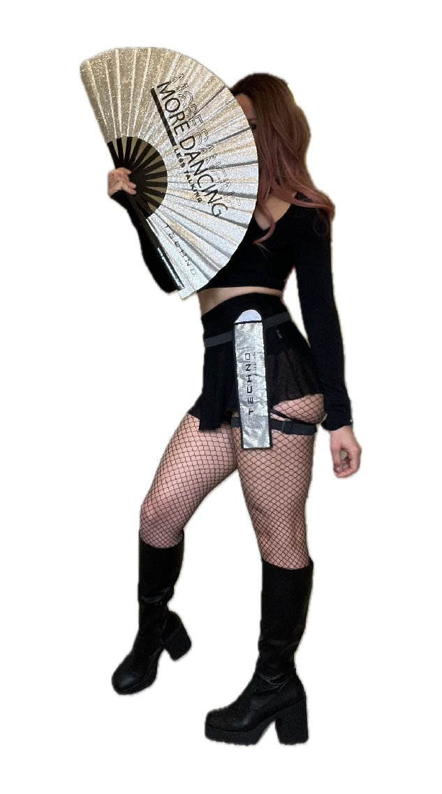 Large Glitter Folding Clack Hand Fan with Holster Party Festival Rave Men Women Fan - TECHNO essentials